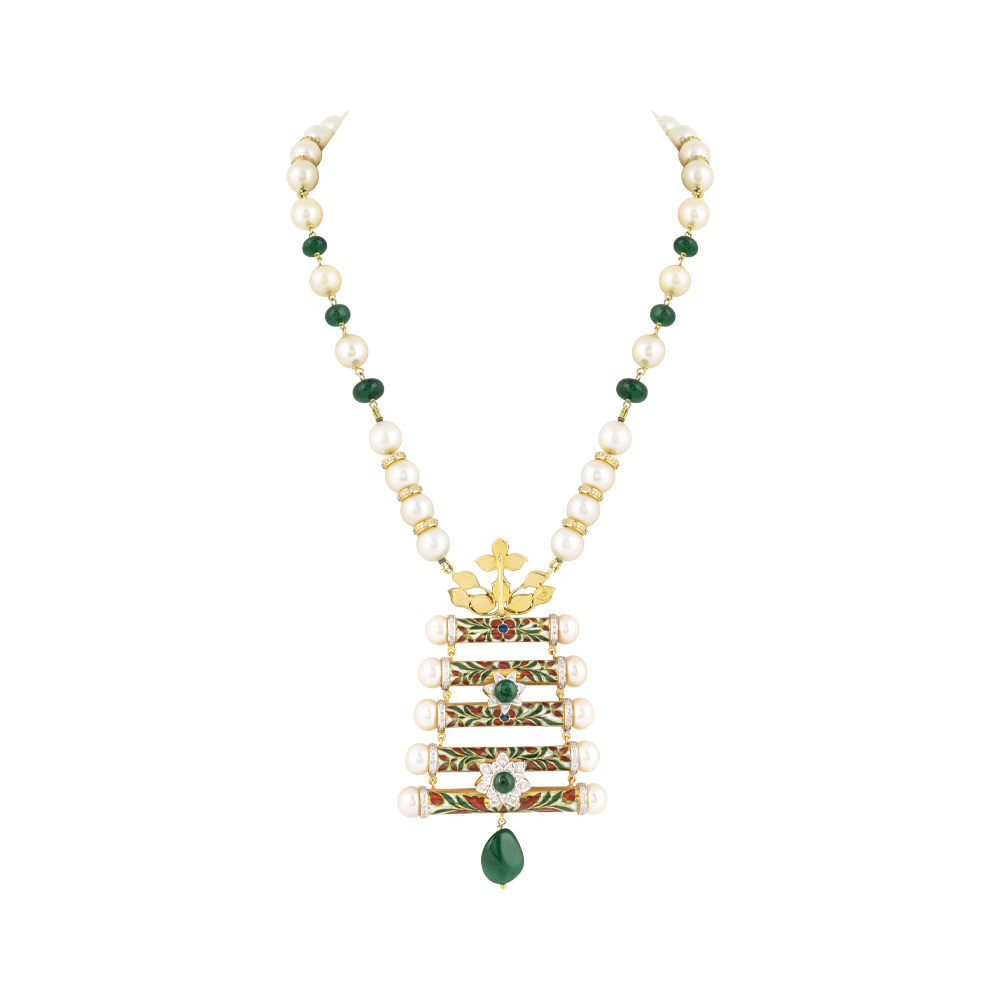 Floral Enamel Pendant Set with Pearls & Emerald Drops